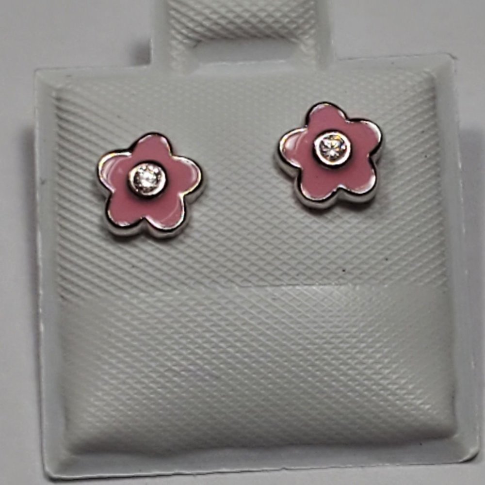 STERLING SILVER 925 RHODIUM PLATED PINK FLOWER SCREW STUD EARRINGS